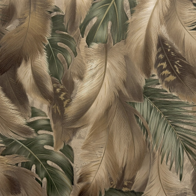 MS11401 мотив перья коричневые с зелеными листьями