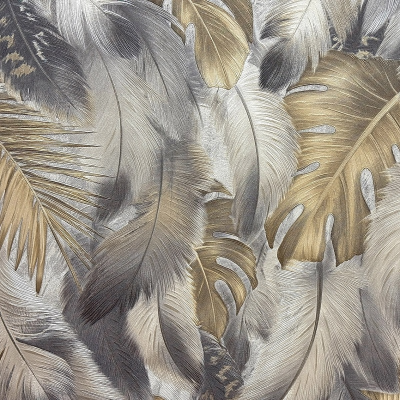 MS11404 мотив перья темно серые с золотыми листьями
