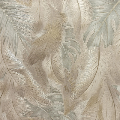 MS11405 мотив перья св.бежевые c изумрудными листьями