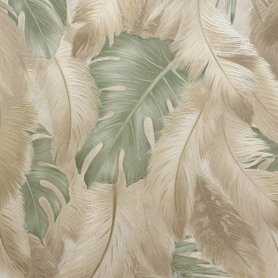 MS11406 мотив перья бежевые с зелеными листьями