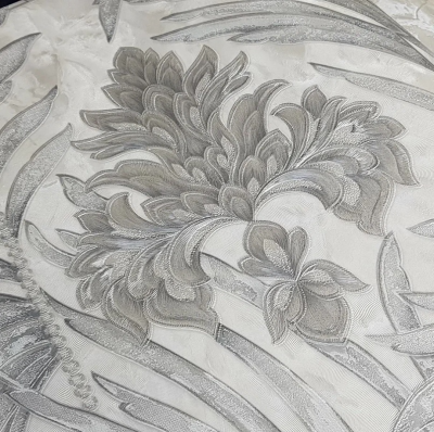 HK61425 мотив дамаск серебристый на серых листьях