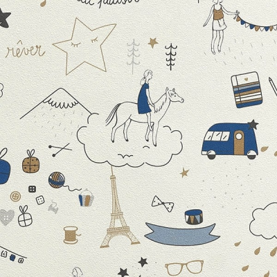 3514-4 мотив человечки сине-золотистые на белом фоне